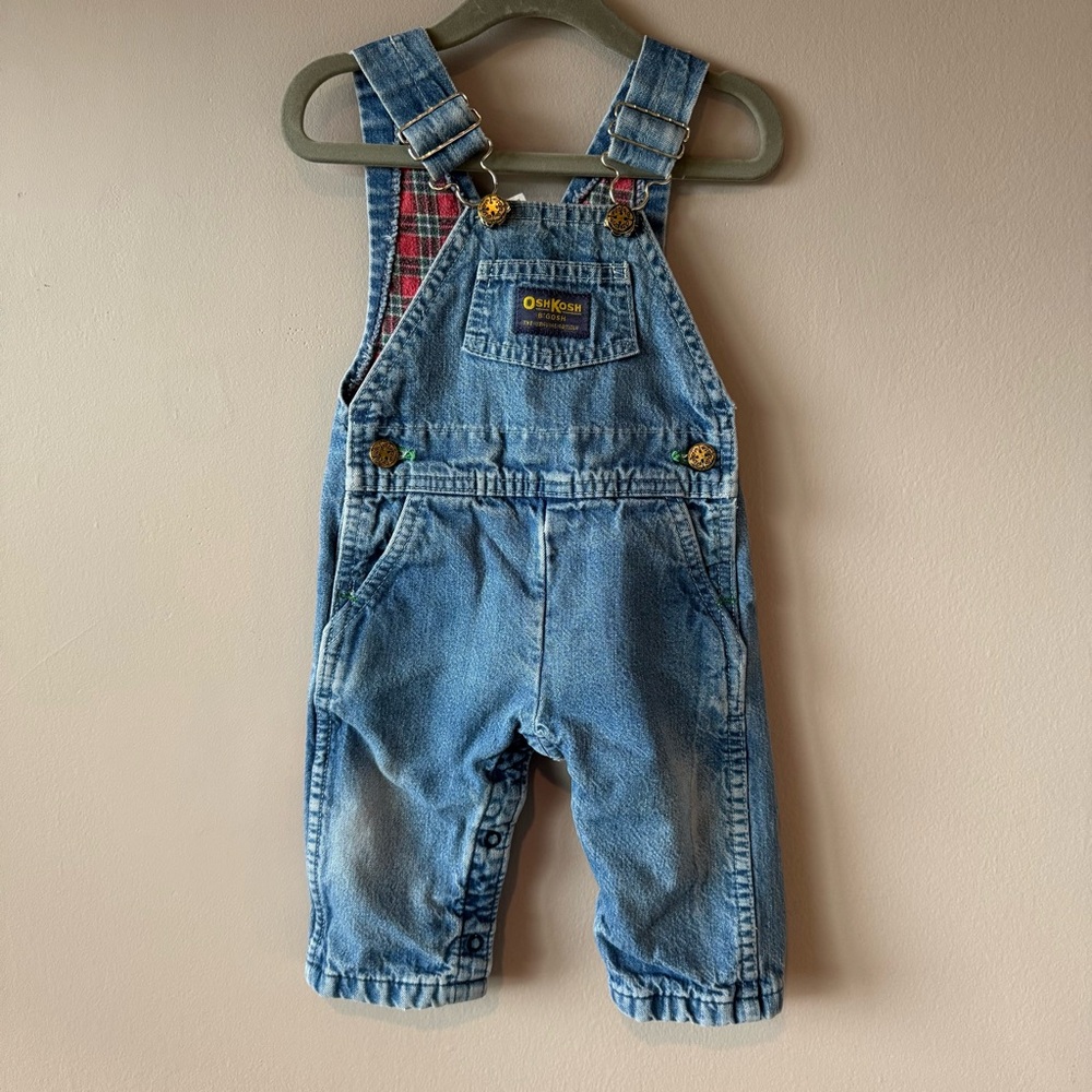 Vintage Osh Kosh B’Gosh Baby Red Navy Plaid Flannel Denim Overalls 12 months